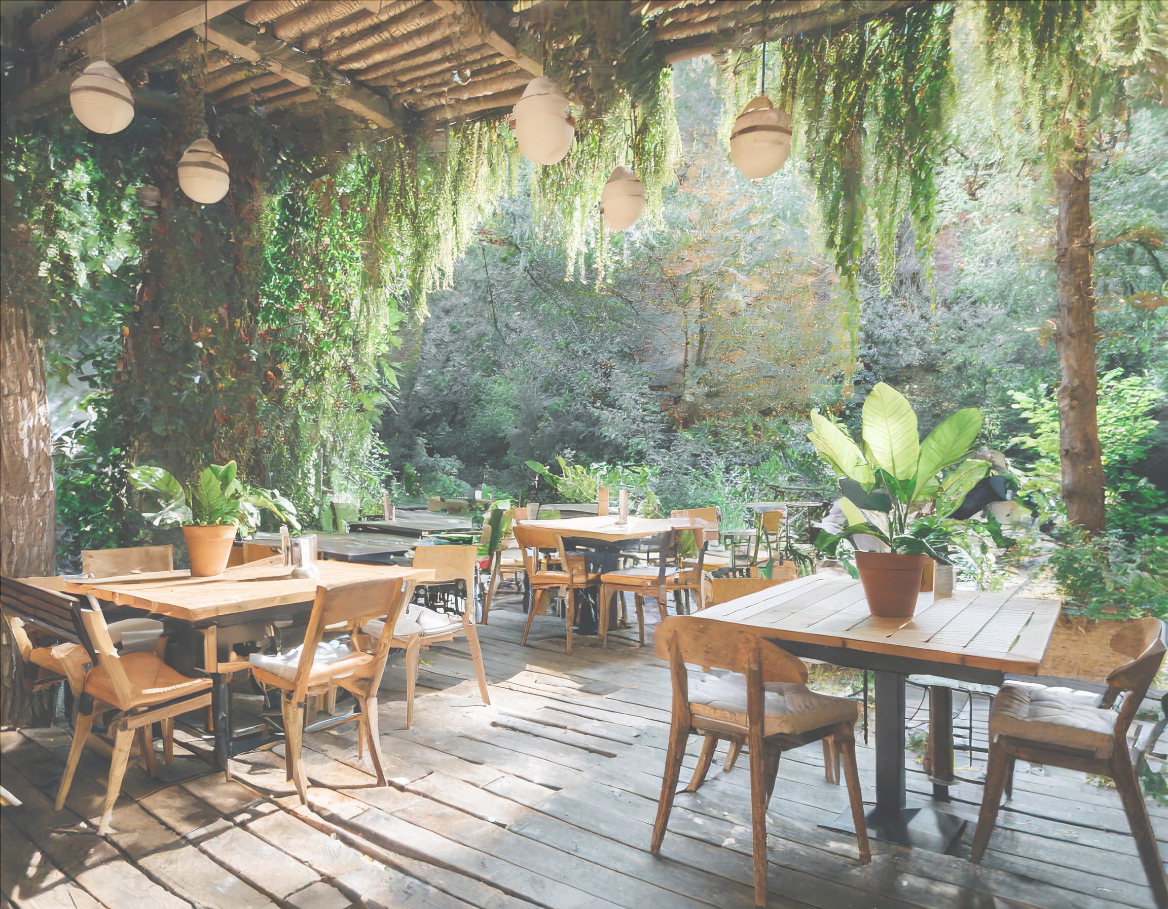 a picture of a cafe with greenery and wooden tables